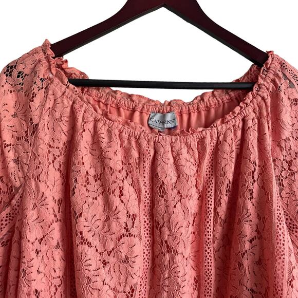 Catherines Women Top 2X Peach Floral Lace Overlay Eyelet Inlet Flowy Feminine - Picture 11 of 13